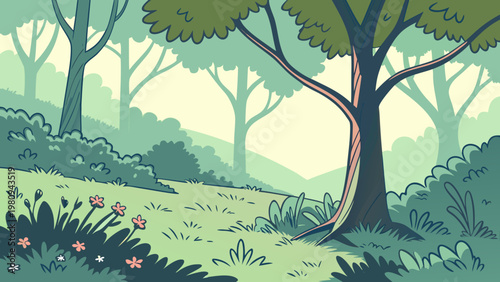 Vector illustration of a serene landscape, green trees, hills, and flowers, natural scenery, outdoor environment