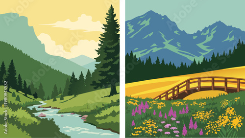 Scenic landscapes, mountain ranges, vector illustrations, nature scenes, countryside views