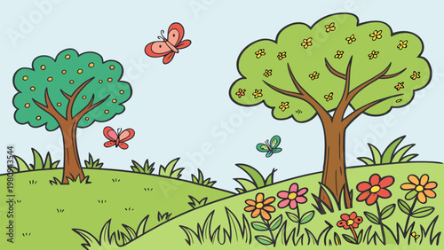 Cartoon landscape, green hills, trees, flowers, butterflies, nature background