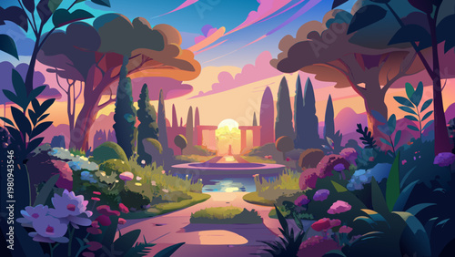 Fantasy landscape, serene garden, sunset scenery, colorful illustration, nature background