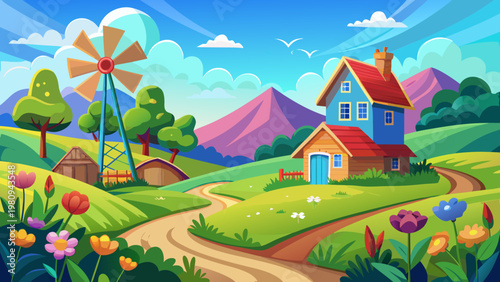 Colorful countryside landscape, rural scenery, farm house, windmill, rolling hills