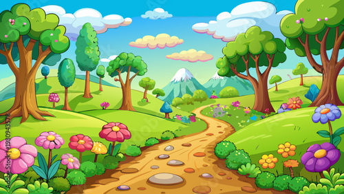 Whimsical landscape, cartoon forest, green hills, colorful flowers, scenic pathway