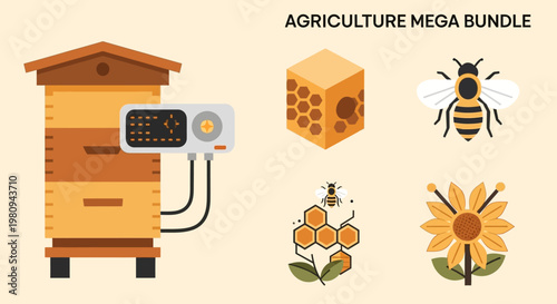 Beehive with honeycomb and insects nearby.