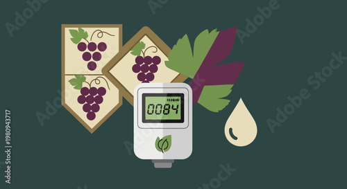 Blood glucose meter with grapes nearby.