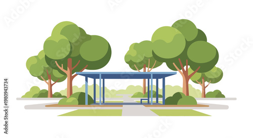 Blue bus shelter with bench inside.