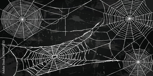 Seamless spider web pattern with intricate white cobwebs on a black background for halloween horror theme vector illustration