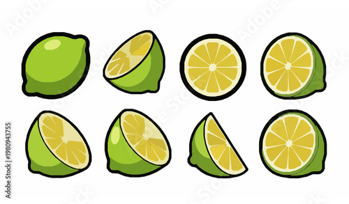 Cute cartoon lemon vector set with fresh citrus slices whole fruit and leaves isolated on white
