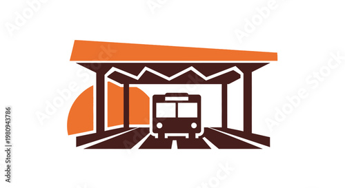 Brown Bus Under Orange Roof Shelter.