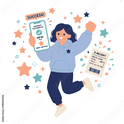 A woman celebrates her success with a phone and ticket in hand.