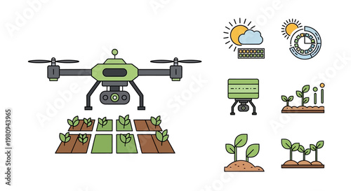 Drone spraying farm crops with pesticide.