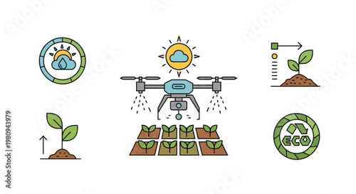 Drone watering plants with green leaves.