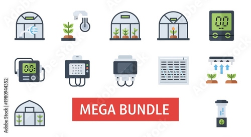 Greenhouse icons and gardening tools.