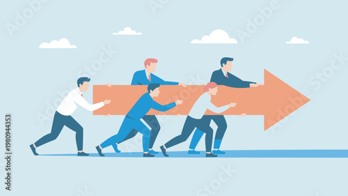 A group of businessmen working together to push a large arrow forward in a blue sky with clouds