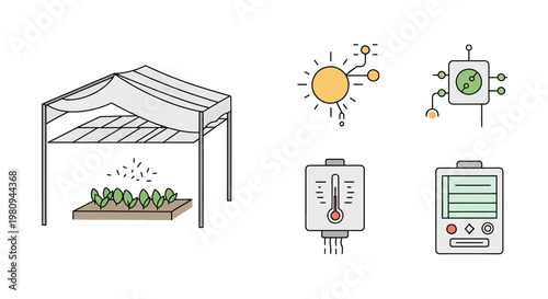 Greenhouse with plants and climate control.