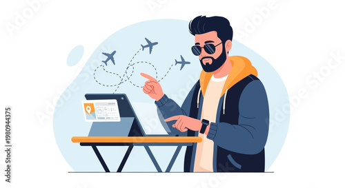 Man planning travel trip on tablet with airplanes flying in background