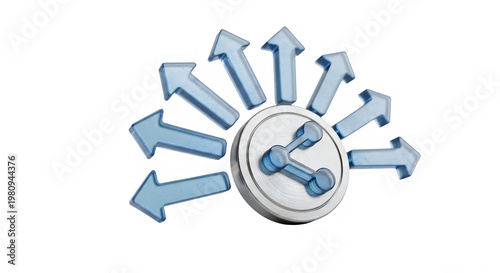 A silver and blue directional icon with multiple arrows pointing outward on a black background