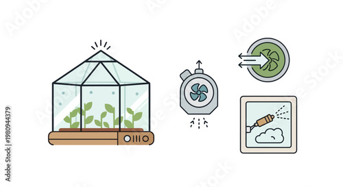 Greenhouse with plants and timer clock.