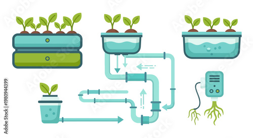 Hydroponic system with plants and controller.
