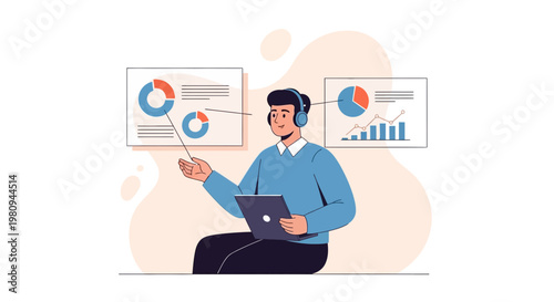 Man presenting data charts on laptop, online presentation, business analytics, remote work