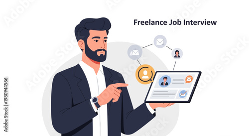 Man presenting freelance job interview on tablet, digital hiring process