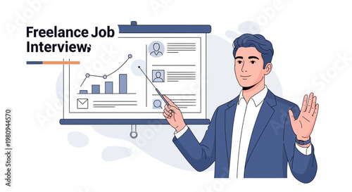 Man presenting freelance job interview data on a whiteboard