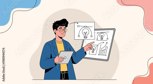 Man presenting idea on tablet with charts and lightbulb graphics