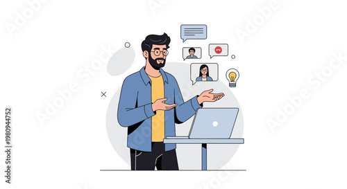 Man presenting online meeting with laptop and video calls, virtual communication concept