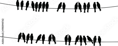 Bird silhouettes perched on wires, romantic pairs with hearts, social interaction, companionship, love concept, cad drawing flat vector illustration