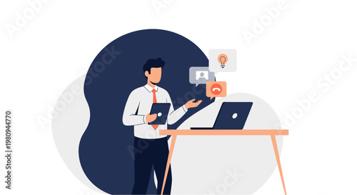 Man presenting online meeting with laptop, tablet, and chat bubbles