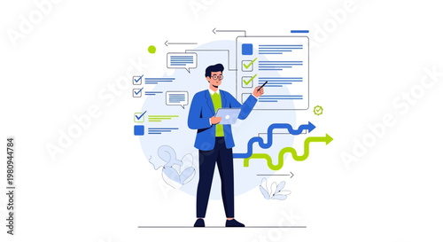 Man presenting project plan with checklist, graphs and laptop