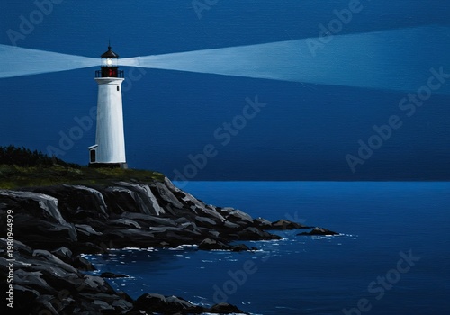 Lighthouse on rocky coastline at night.