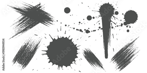 Set of black ink splashes and grunge brush strokes for artistic design projects vector illustration