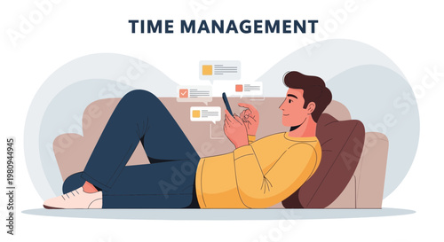 Man relaxing on couch using smartphone, time management concept