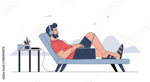 Man relaxing on lounge chair with headphones and laptop, working remotely