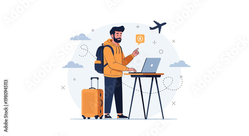 Man with backpack and luggage using laptop for travel planning, airplane icon