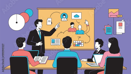 A businessman presenting a project plan to his team in a meeting room with a large board