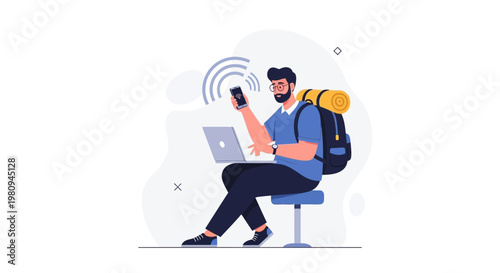 Man with backpack using laptop and phone, connected to wifi, digital nomad concept