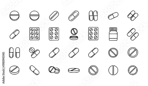 Minimal Medical Pills and Capsules Icon Set Black and White Vector Line Art Healthcare Illustration