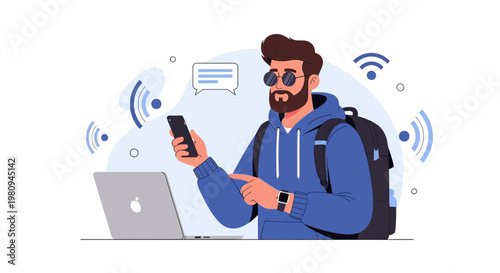 Man with backpack using smartphone and laptop, connected by Wi-Fi signals