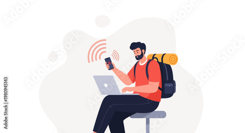 Man with backpack using laptop and phone, digital nomad concept