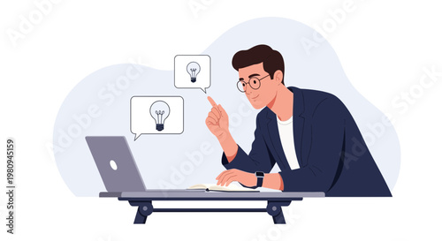 Man with glasses thinking with lightbulbs above laptop, business idea generation