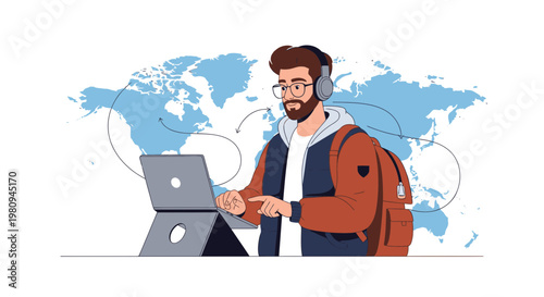 Man with headphones and backpack working on laptop with world map background