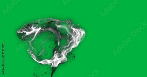 Animation of grey smoke trail with particles flowing on white background