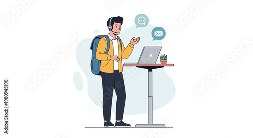 Man with Headphones and Backpack Working Remotely on Laptop
