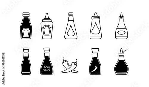 Minimal Sauce Bottles Icon Set Black and White Line Art Condiments Vector Illustration Collection