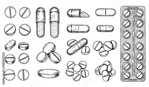 Hand Drawn Black and White Medical Pills and Medicine Capsules Vector Set Pharmaceutical Illustration