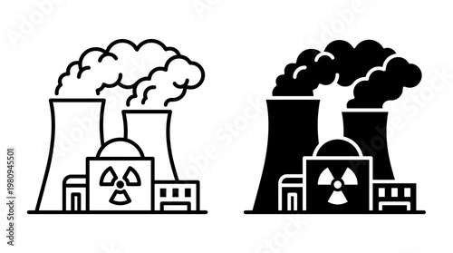 Nuclear power plant building icons with cooling towers and radiation symbol on white background, concept for energy production, environmental impact and industrial technology