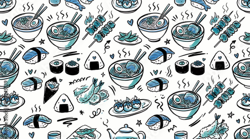 Seamless hand drawn doodle pattern of various Japanese food like ramen sushi onigiri and tempura on white background, concept for restaurant wallpaper, culinary website and menu design