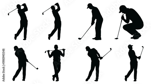 Silhouettes of professional executives and senior managers playing golf in various action poses on white background, concept for executive leisure, corporate networking and business recreation