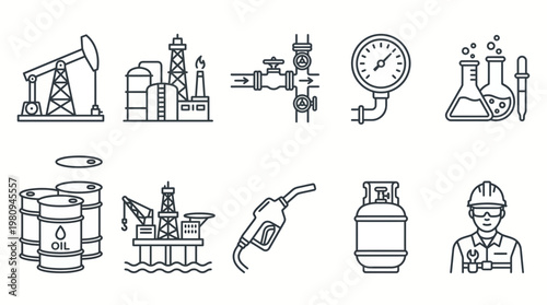 Set of oil and gas industrial icons including refinery pump jack barrels fuel nozzle and professional petroleum engineer, concept for energy infographics, fuel station and petrochemical branding